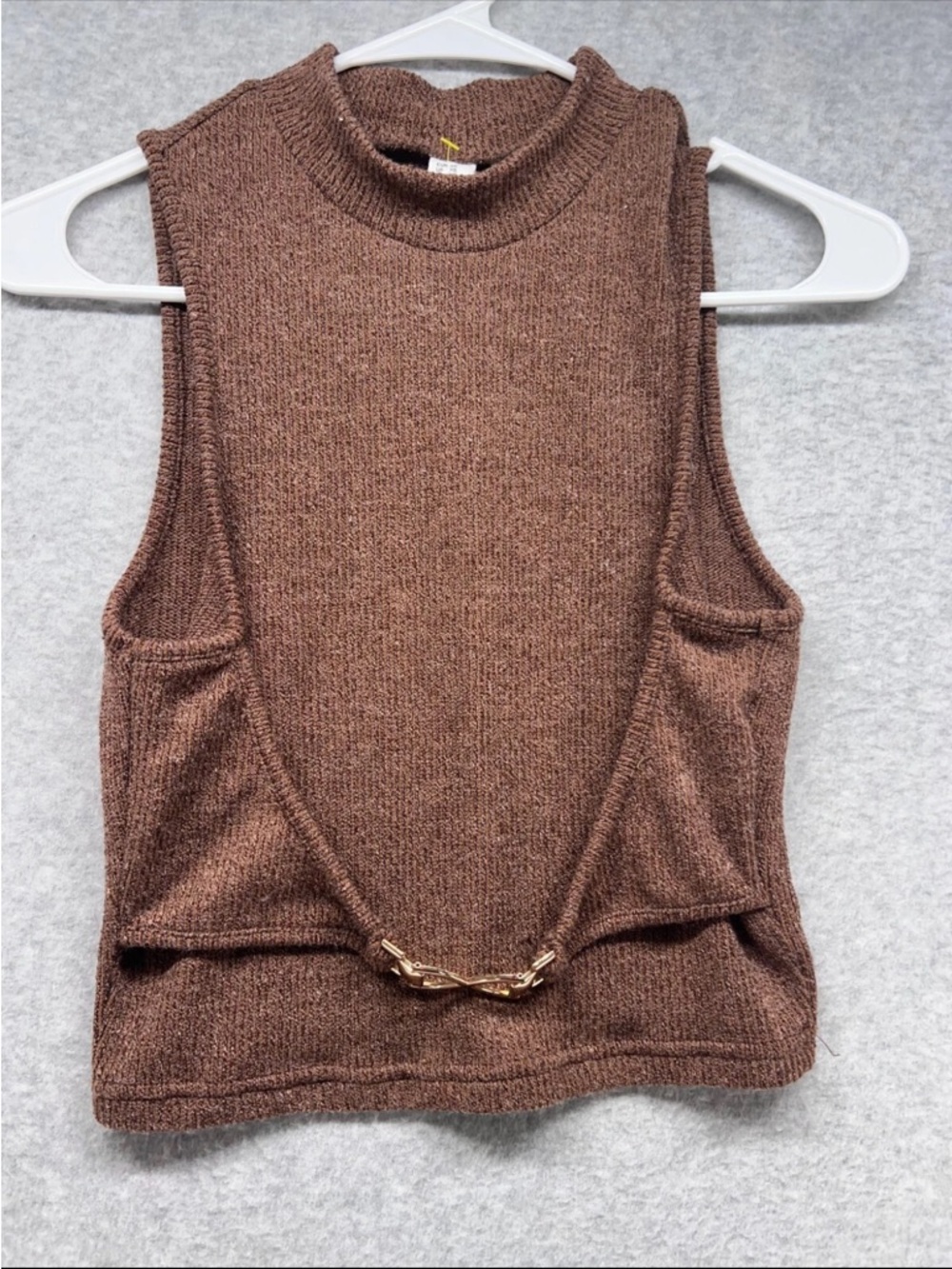 Mock-Neck Brown Knit Tank with Gold Chain Accent